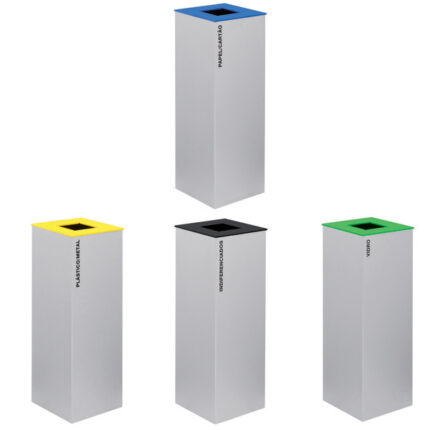 Contentor individual de reciclagem seletiva com tampa, construído em chapa de aço com pintura epoxy a qualquer cor