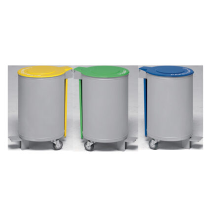 Ecoponto de três unidades de reciclagem com tampa e pedal em chapa de aço com pintura epoxy a qualquer cor