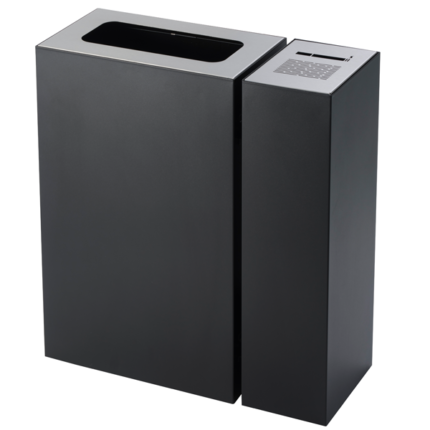 Cinzeiro + papeleiro em bloco em chapa de aço com pintura epoxy e tampas em aço inox