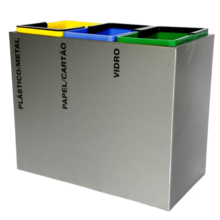 Ecoponto de três unidades de reciclagem em chapa de aço inox escovado com 3 recipientes interiores em plástico