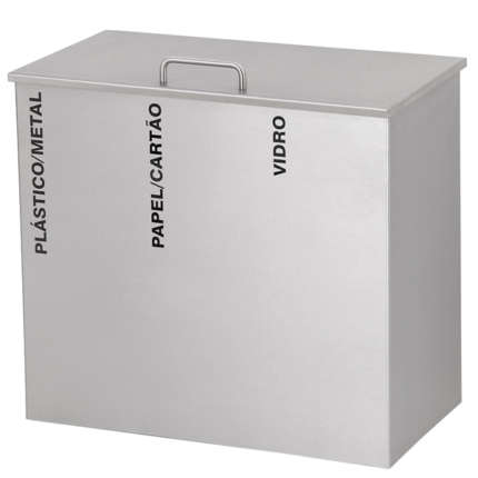Ecoponto com tampa em chapa de aço inox escovado com 3 recipientes interiores de plástico