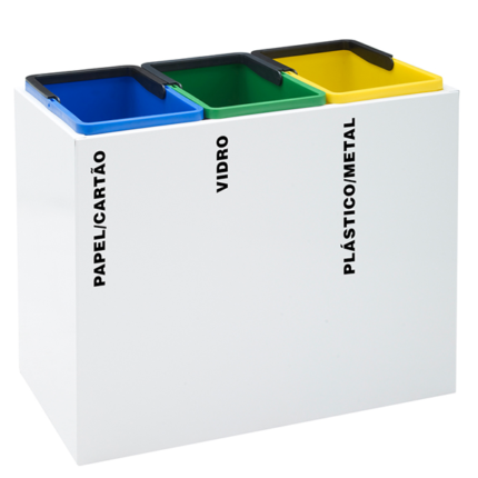 Ecoponto de três unidades de reciclagem em chapa de aço com pintura epoxy a qualquer cor com 3 recipientes interiores em plástico